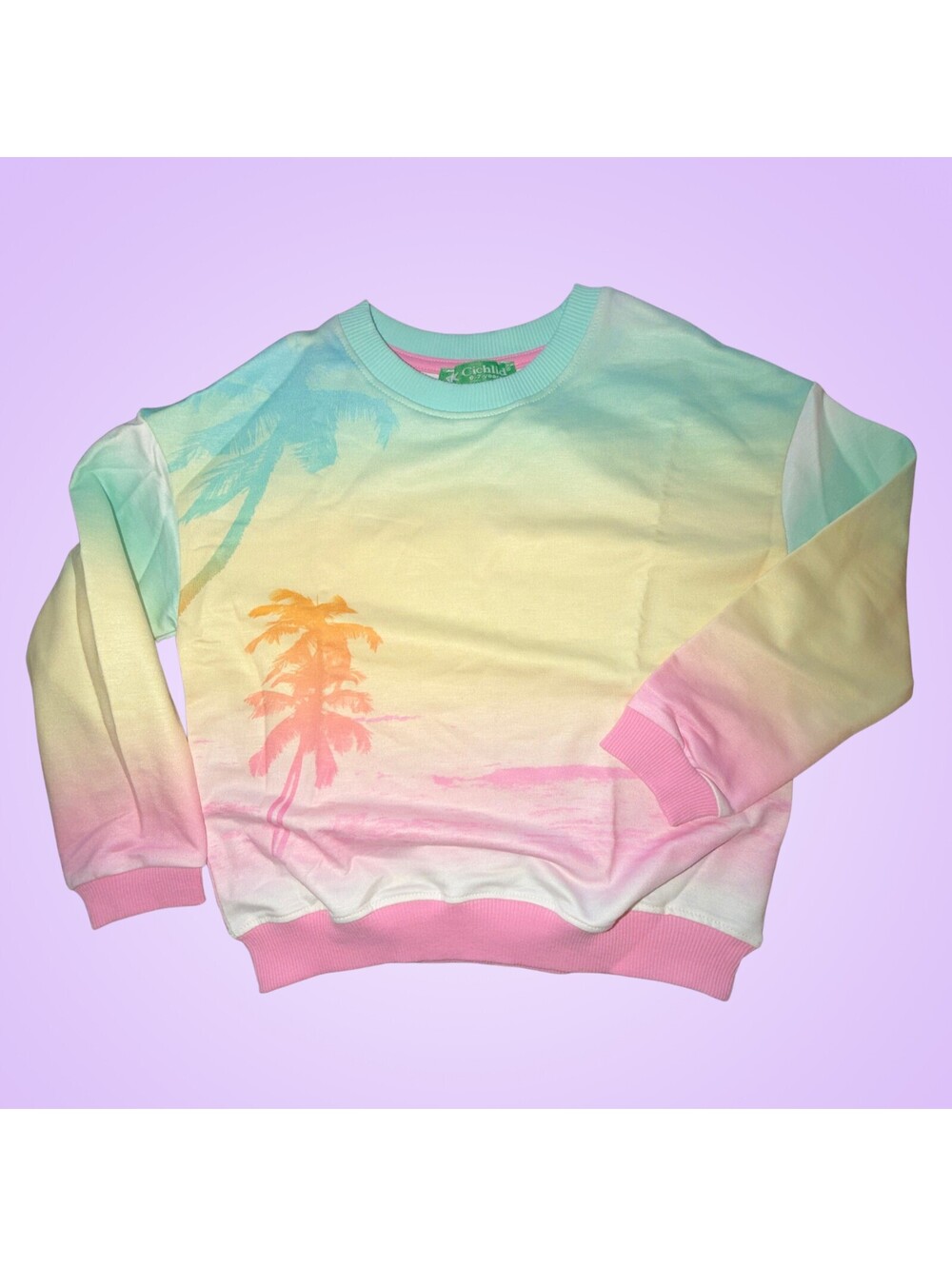 NWOT Cichlid Girls Size 6-7 Pastel Sunset Palm Tree Graphic Sweatshirt